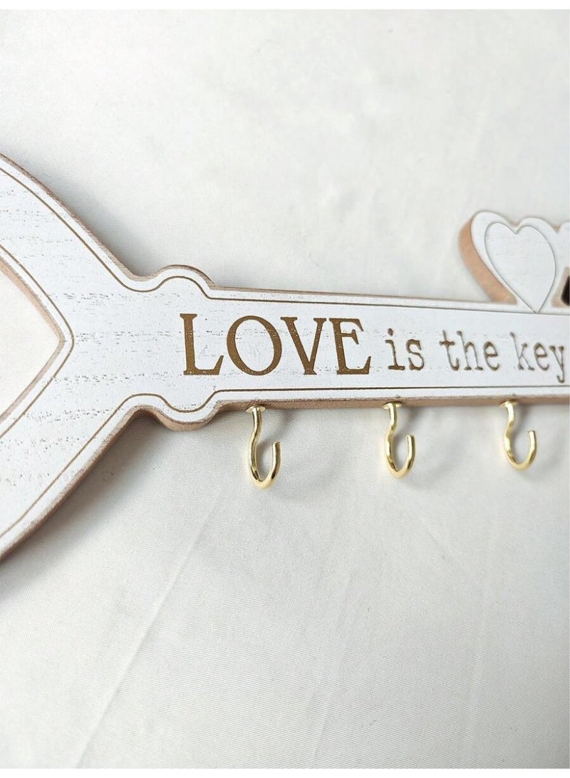 1 White Love Is the Key of Life Wall Key Holder – Wooden Key-Shaped Wall Decor with Hooks – Rustic Home Entryway Key Rack – Romantic House Organizer - Image 3